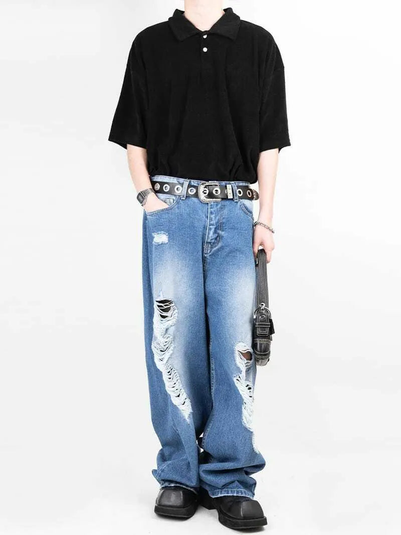 Over Wide Distressed Washed Denim Pants