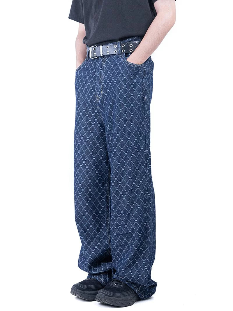 Argyle Pattern Wide Denim Pants