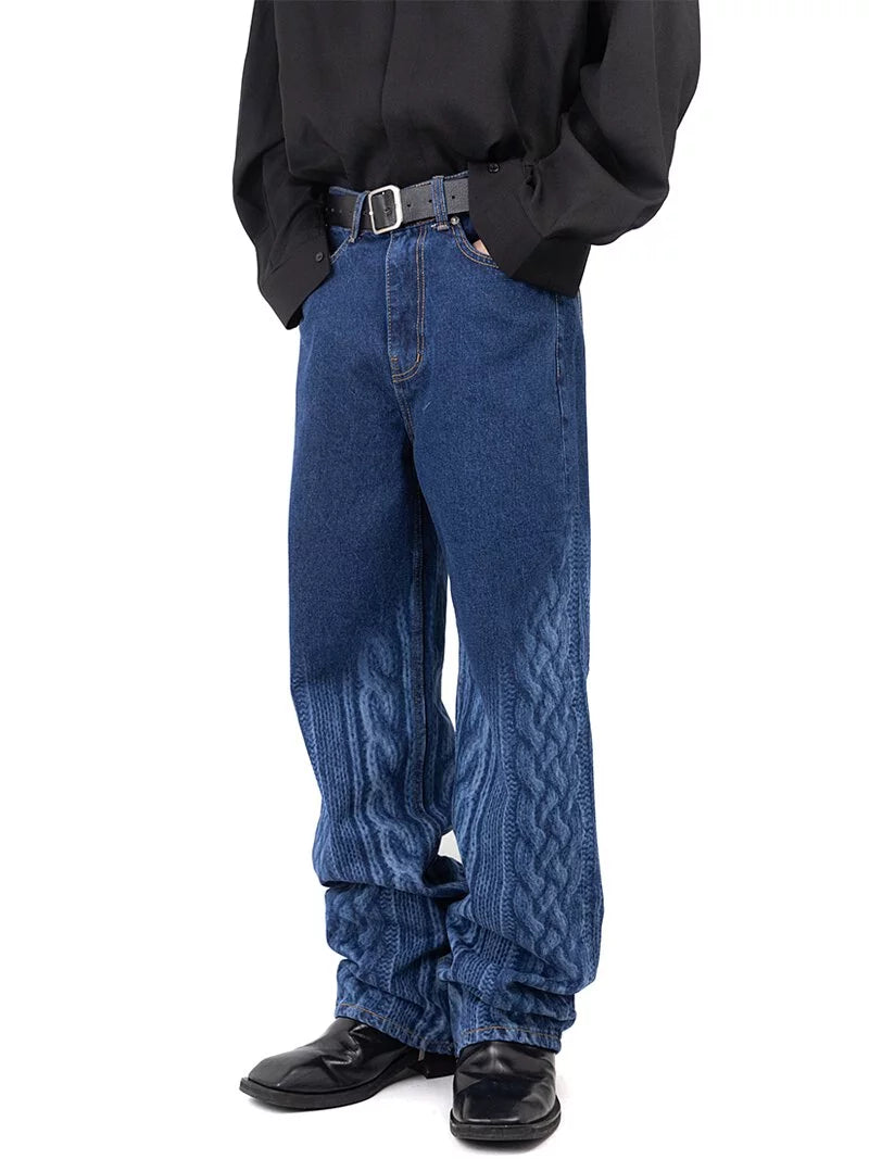 Knit Pattern Washing Wide Denim Pants