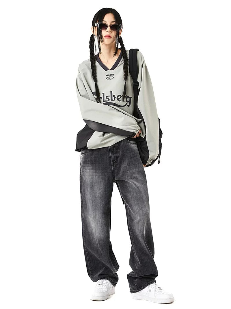 Sporty String V-neck Nylon Sweatshirt