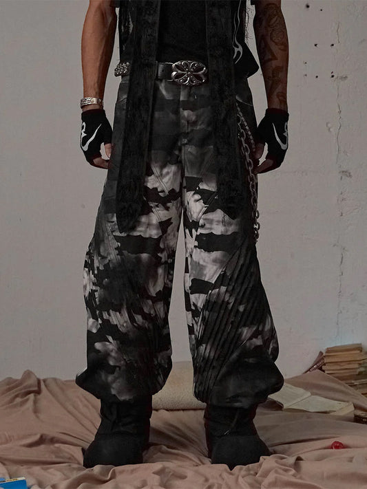 Deconstructed Pleated Camo Baggy Pants